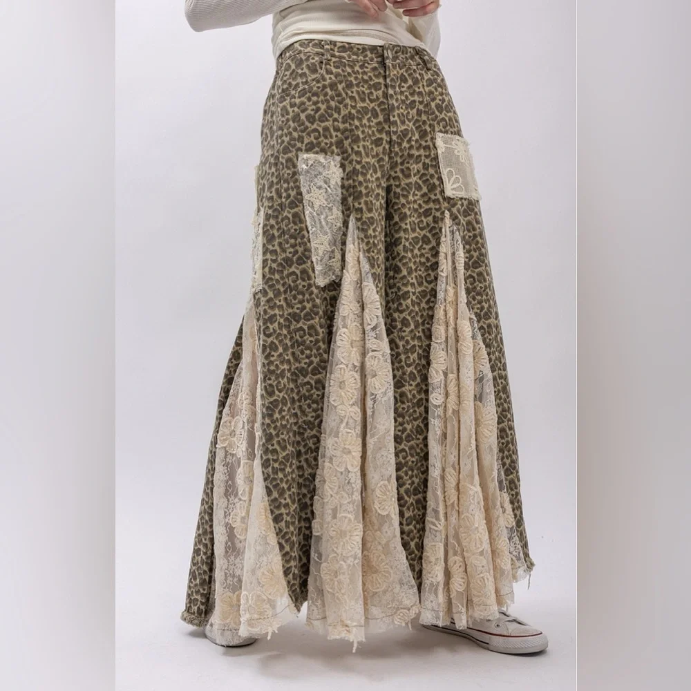 NWT Leopard Cheetah Animal Print Lace Panel Boho Wide Leg Patchwork Flare Pants - Picture 12 of 13